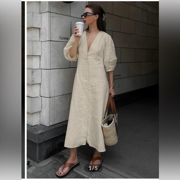 Commense Cotton and Linen Button Front Knotted Long Dress - Picture 10 of 13